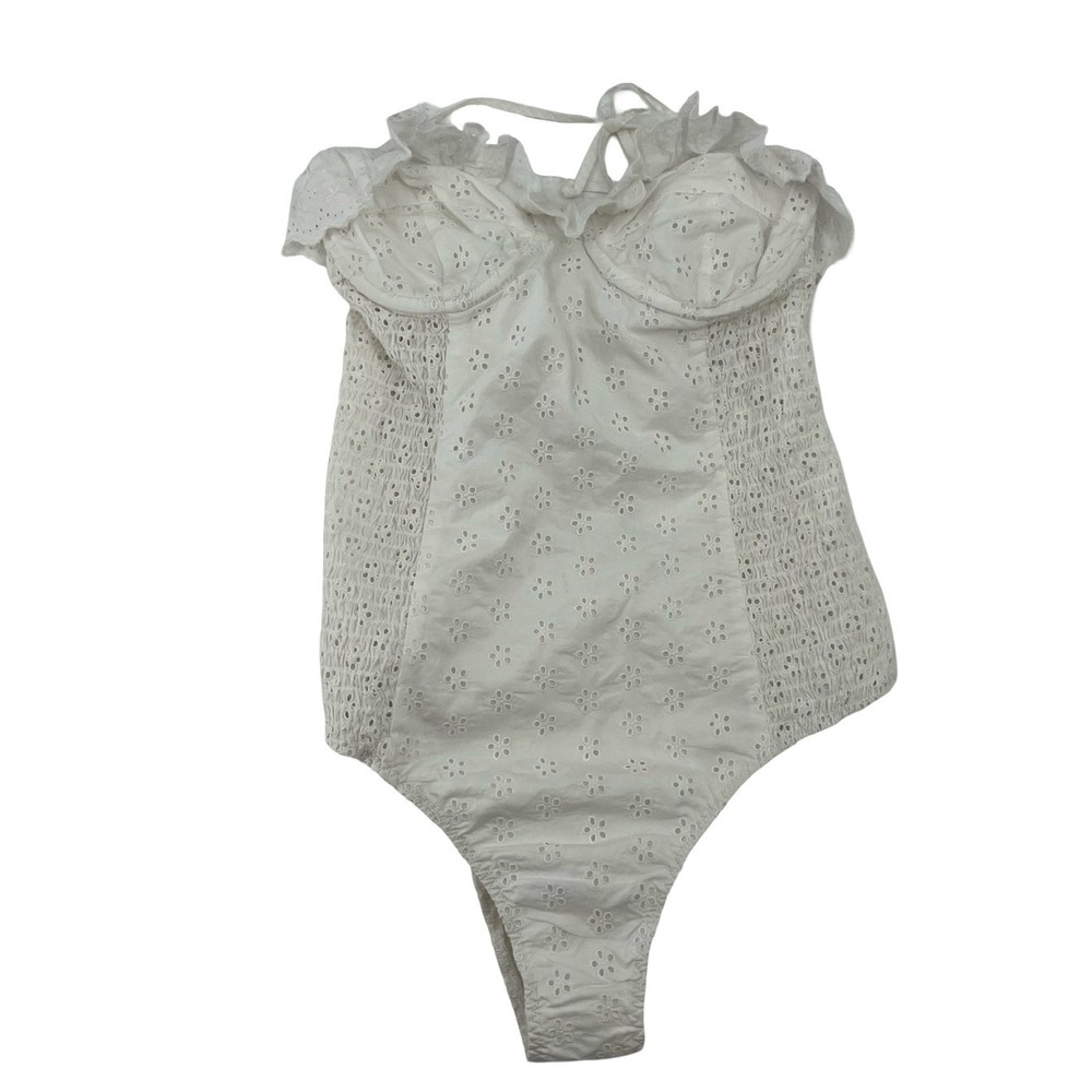 DOEN Women One Piece Swimsuit Eyelet Ruffle White Cotton Small